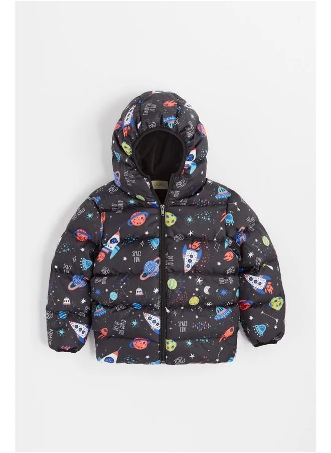 جون June Space Patterned Hooded Boy Fleece Inside Coat Black