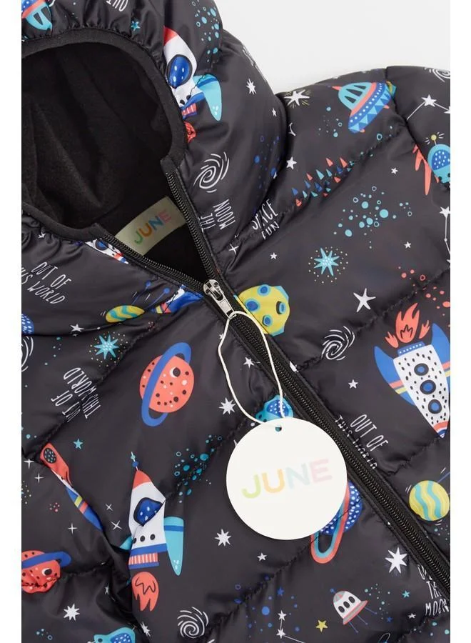 JUNE June Space Patterned Hooded Boy Fleece Inside Coat Black