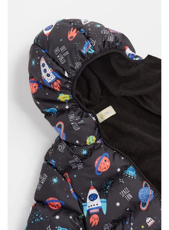 JUNE June Space Patterned Hooded Boy Fleece Inside Coat Black