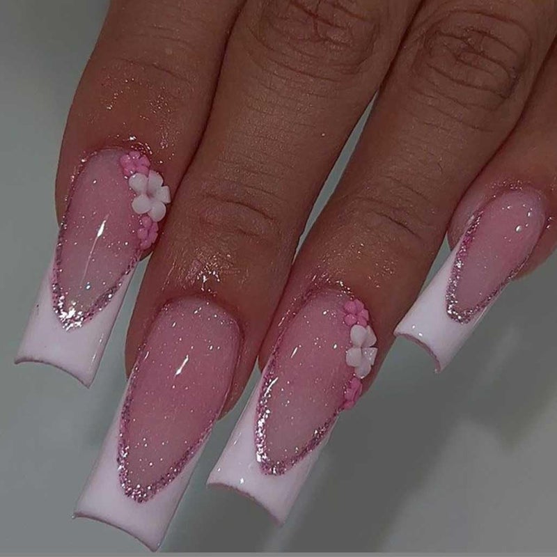 Foccna Press on Nails Long Rhinestone Pink Fake Nails Square Bling Glossy 3D Flower Artificial Nails Finger Manicure for Women and Girls-24pcs (Long Nails 5) - Image 1