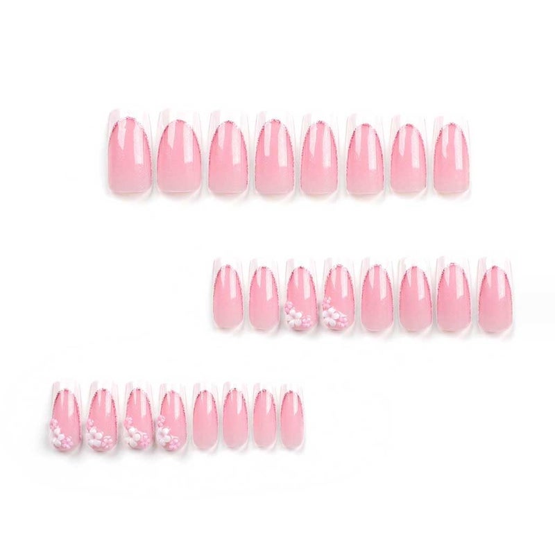Foccna Press on Nails Long Rhinestone Pink Fake Nails Square Bling Glossy 3D Flower Artificial Nails Finger Manicure for Women and Girls-24pcs (Long Nails 5) - Image 2