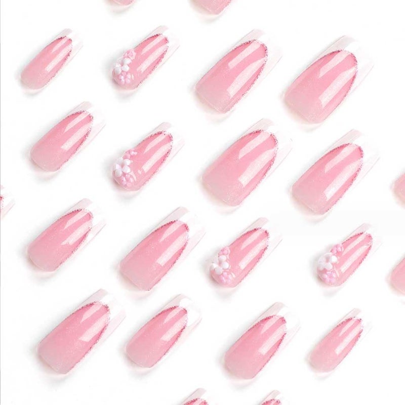 Foccna Press on Nails Long Rhinestone Pink Fake Nails Square Bling Glossy 3D Flower Artificial Nails Finger Manicure for Women and Girls-24pcs (Long Nails 5) - Image 3