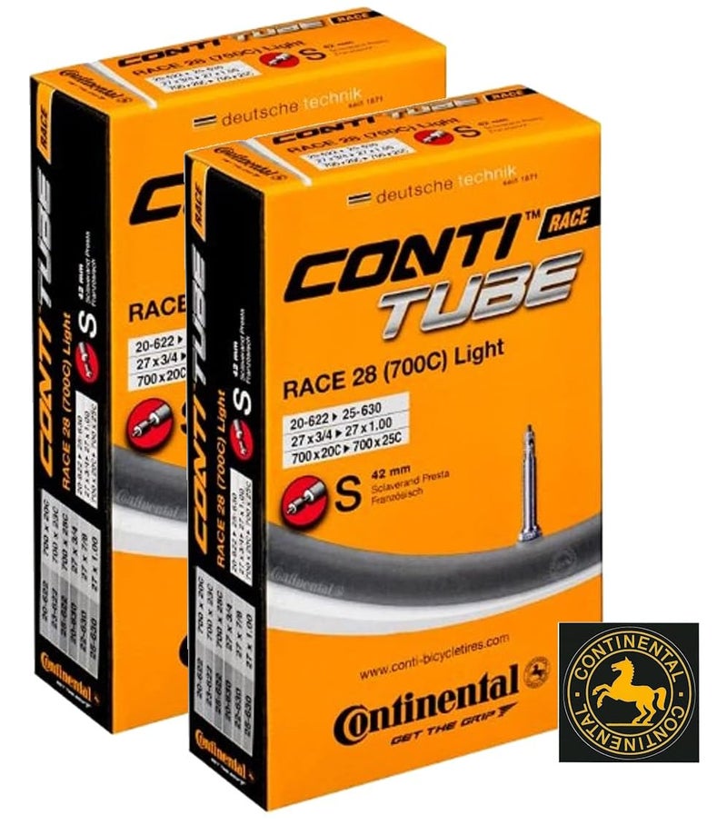 Continental Race 28 LIGHT 700x2025c Inner Tubes 42mm Presta Valve Pack of 2 Tubes wConti Sticker Black