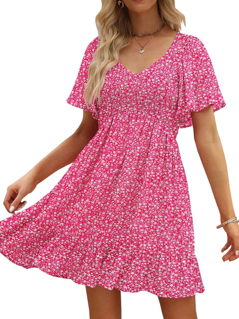 UEAL Spring Dresses for Women 2026 Summer Smocked Bump Friendly Dresses for Women Large Pink Floral - Image 1