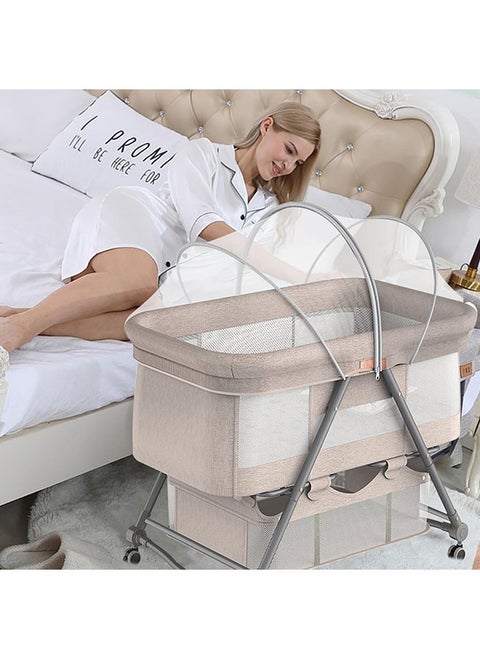 3 In 1 Baby Cot Crib With Blackout Dust Net And Storage Basket, Khaki