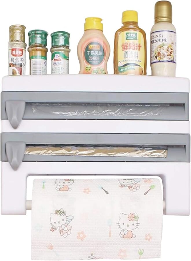 Wall mounted 4-in-1 wall-mount paper towel holder bathroom tissue roll hanger toilet paper roll holder kitchen spice rack roll holder towel paper dispenser organizer shelf with foil film cling cut