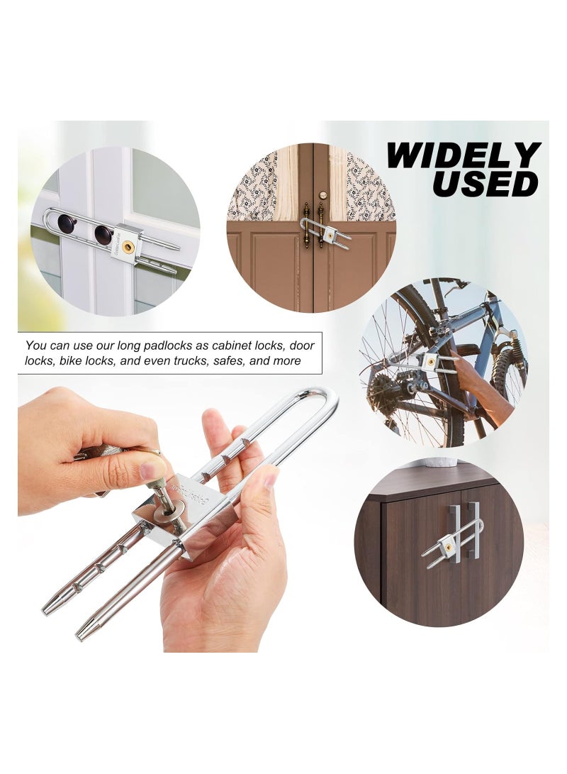 Long Shackle Padlock Set, 2-Inch Solid Brass with Removable Adjustable Silver Shackle, Ideal for Gates, Cabinets, Safe Boxes, and Bikes - 2 Pack with Key Included.