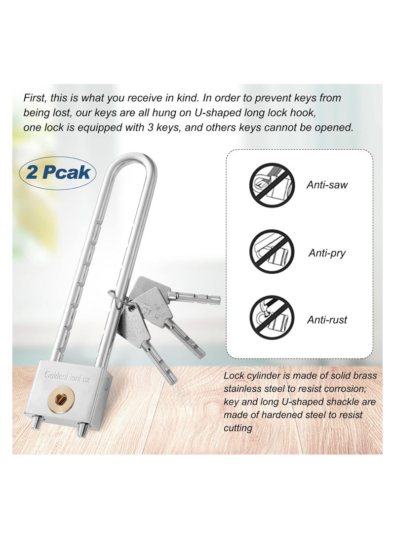 Long Shackle Padlock Set, 2-Inch Solid Brass with Removable Adjustable Silver Shackle, Ideal for Gates, Cabinets, Safe Boxes, and Bikes - 2 Pack with Key Included.