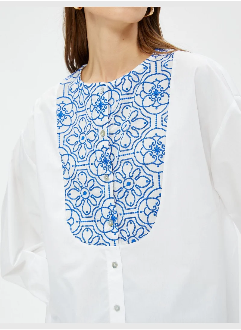 KOTON Cotton Crew Neck Ethnic Detail Shirt