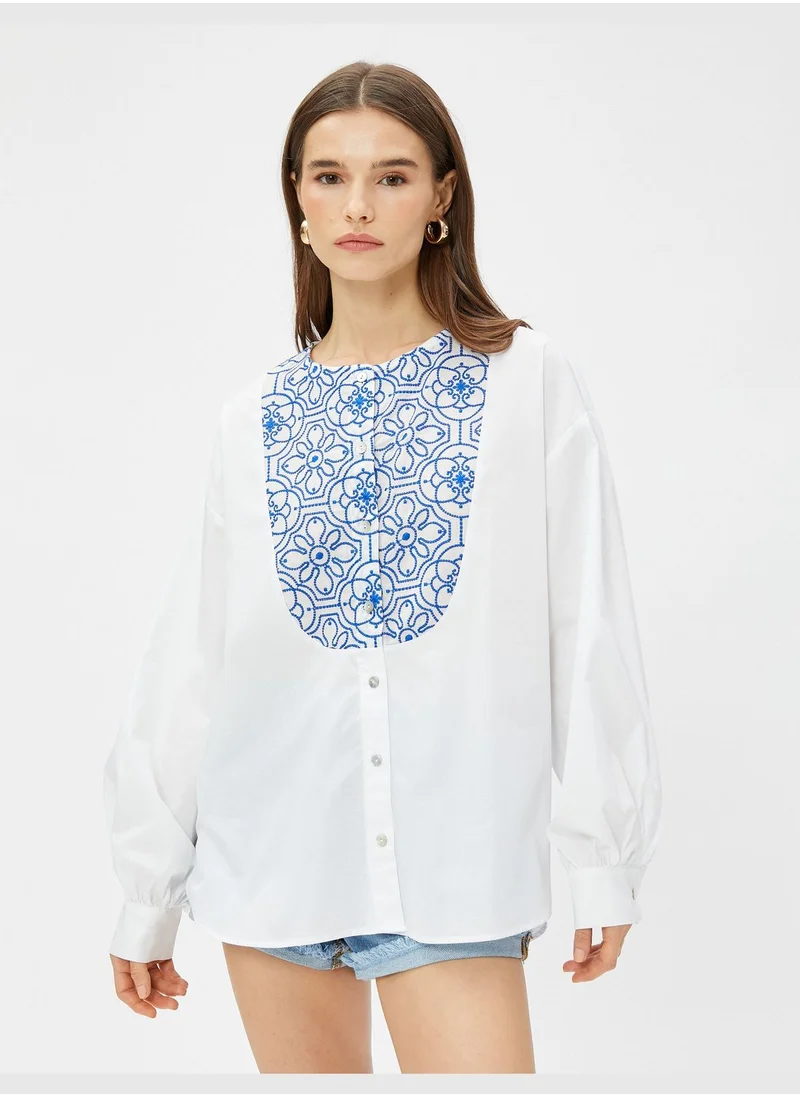 KOTON Cotton Crew Neck Ethnic Detail Shirt