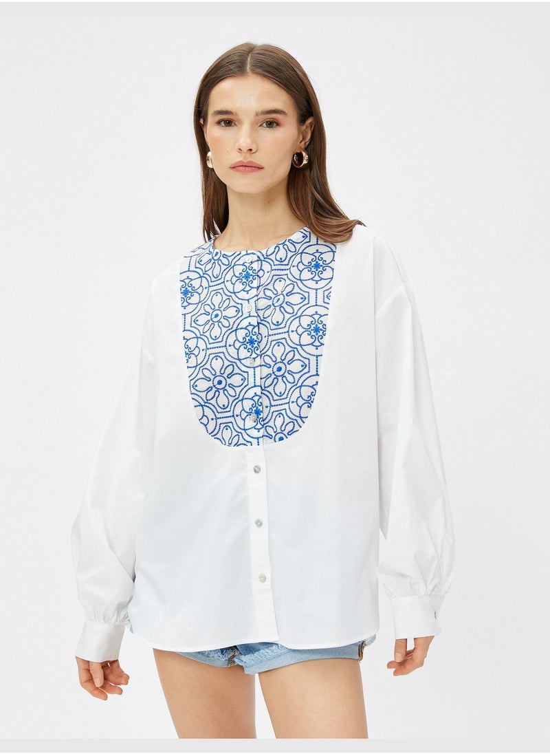 KOTON - Cotton Crew Neck Ethnic Detail Shirt - Image 1