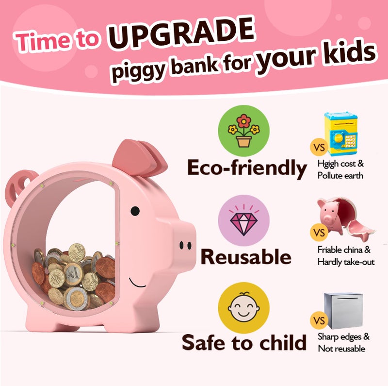 Summidate Pink Piggy Bank Girls,Clear Wooden Piggy Bank for Kids Toddlers,Cute Wood Money Coin Bank with DIY Sticker, Personalized Money Box Toys for Child Birthday Decor - Image 5