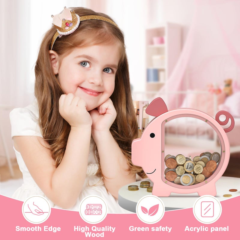 Summidate Pink Piggy Bank Girls,Clear Wooden Piggy Bank for Kids Toddlers,Cute Wood Money Coin Bank with DIY Sticker, Personalized Money Box Toys for Child Birthday Decor - Image 3