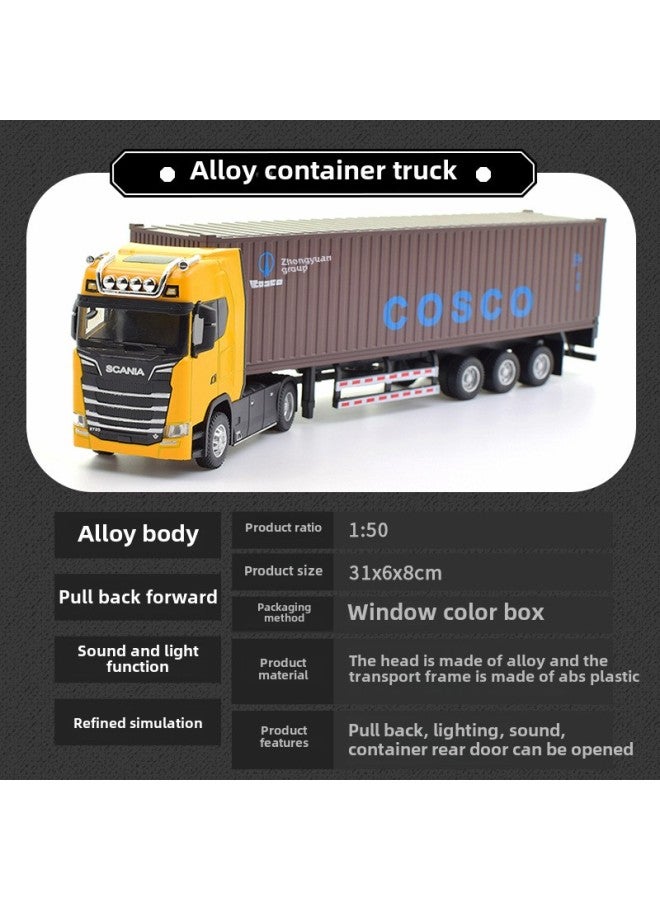 Simulation Tractor Semi-trailer Double-deck Transporter Alloy Container Truck Car Model With Sound And Light Children's Toys-Colour:Yellow Scania Tractor + Brown Container Truck  - Image 1