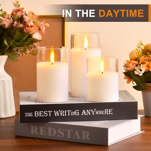 Tyawon Glass Battery Operated LED Flameless Candles with Remote and Timer Real Wax Candles Warm Color Flickering Light for Festival Wedding Home Party DecorPack of 3White - Image 3