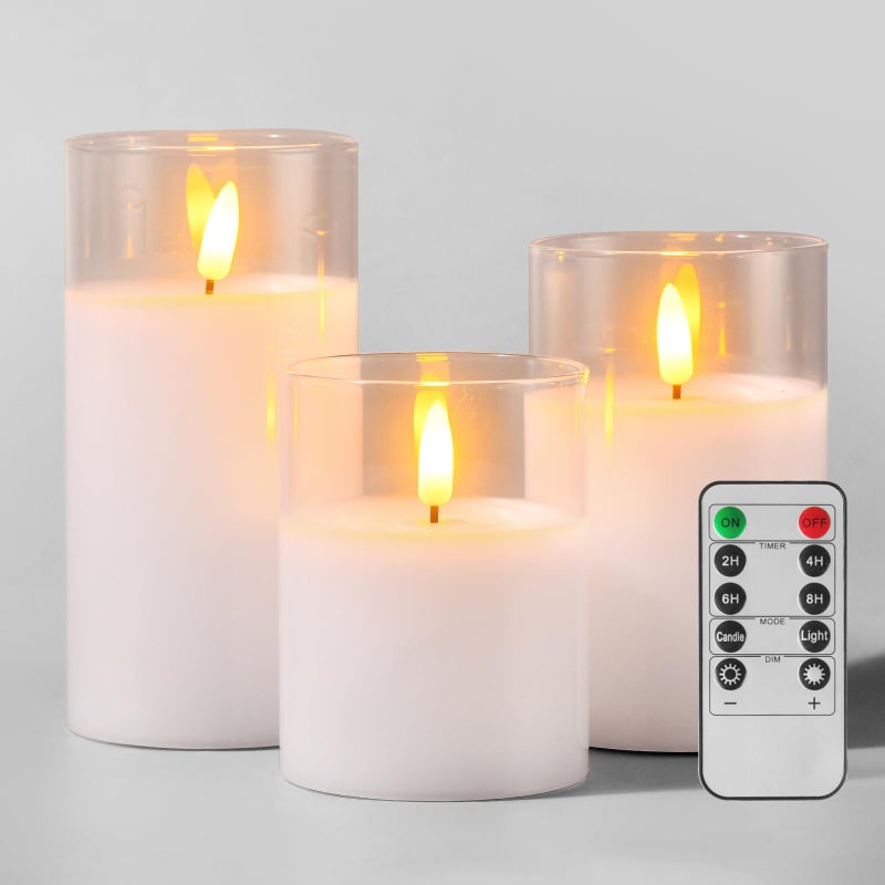 Tyawon Glass Battery Operated LED Flameless Candles with Remote and Timer Real Wax Candles Warm Color Flickering Light for Festival Wedding Home Party DecorPack of 3White - Image 2