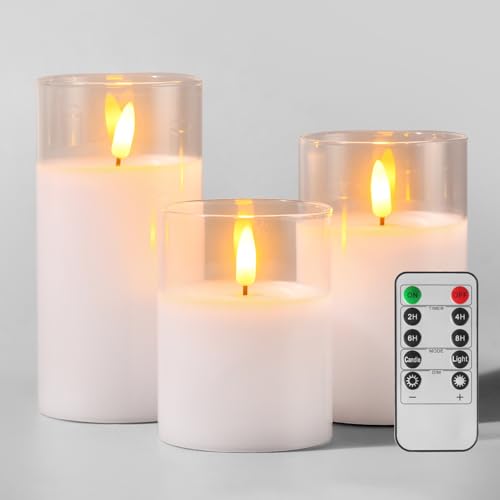 Tyawon Glass Battery Operated LED Flameless Candles with Remote and Timer Real Wax Candles Warm Color Flickering Light for Festival Wedding Home Party DecorPack of 3White - Image 1
