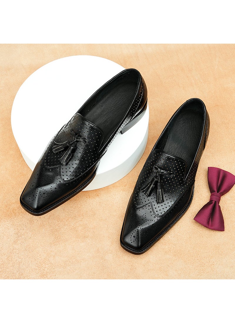 Generic - Mens Tassel Loafers Genuine Leather Summer Breathable Brogue Black - Image 1