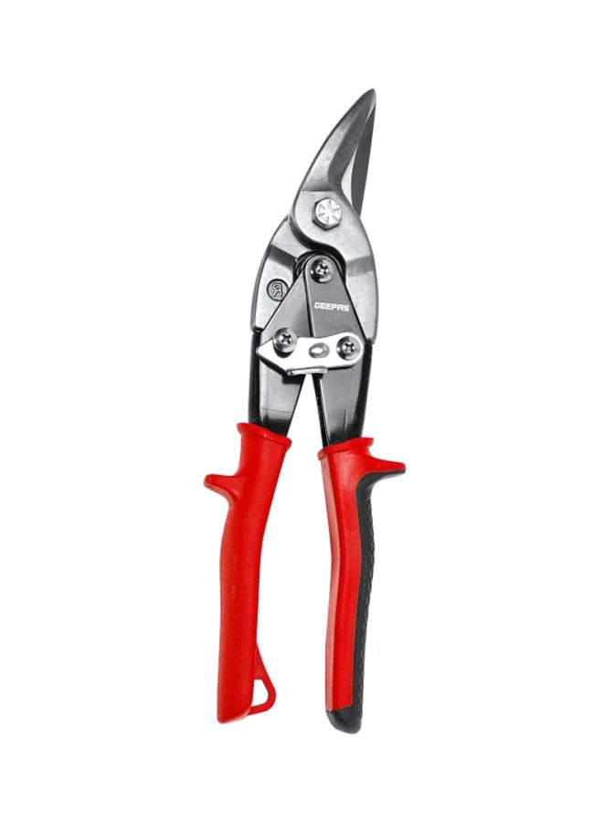 GEEPAS Aviation Snip Left Cut 250mm- Toothed blades, Left Cut Offset Tin with Forged Blade with Twin Spiral Spring, Comfort Grips | Ideal for Cutting Upto 18 Gauge Aluminium, Wire Mesh, Leather, Copper & Plastic Red/Black/Silver - Image 1