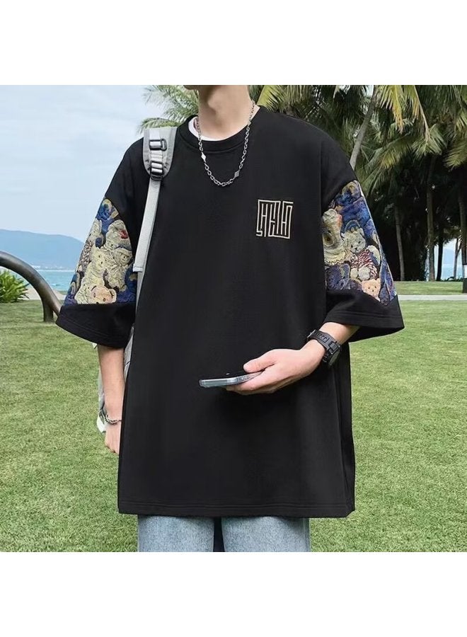 Embroidered Bear Splicing Loose Short-sleeved T-shirt Men's Hong Kong Style Summer New Round Neck T-shirt Half-sleeved Top