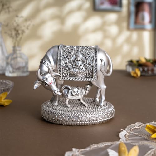 Svastika Silver-Plated Kamdhenu Cow with Calf Idol | Auspicious Vastu Remedy for Wealth & Prosperity for Weddings & Housewarming (4.5 Inch) - Image 2
