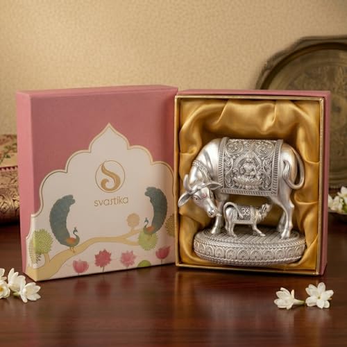 Svastika Silver-Plated Kamdhenu Cow with Calf Idol | Auspicious Vastu Remedy for Wealth & Prosperity for Weddings & Housewarming (4.5 Inch) - Image 1