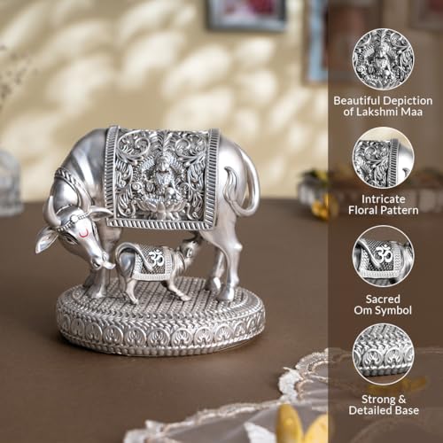 Svastika Silver-Plated Kamdhenu Cow with Calf Idol | Auspicious Vastu Remedy for Wealth & Prosperity for Weddings & Housewarming (4.5 Inch) - Image 4