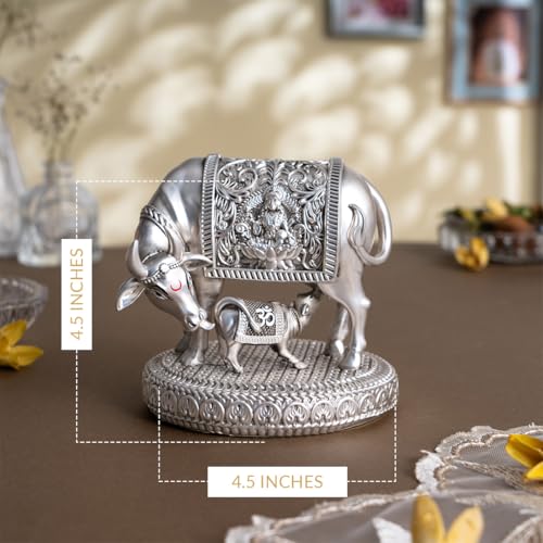 Svastika Silver-Plated Kamdhenu Cow with Calf Idol | Auspicious Vastu Remedy for Wealth & Prosperity for Weddings & Housewarming (4.5 Inch) - Image 3