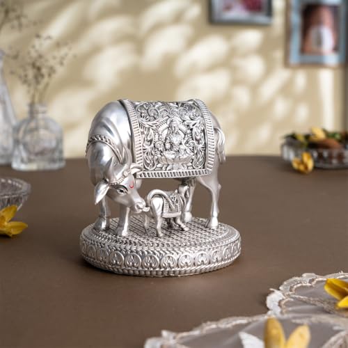 Svastika Silver-Plated Kamdhenu Cow with Calf Idol | Auspicious Vastu Remedy for Wealth & Prosperity for Weddings & Housewarming (4.5 Inch) - Image 5