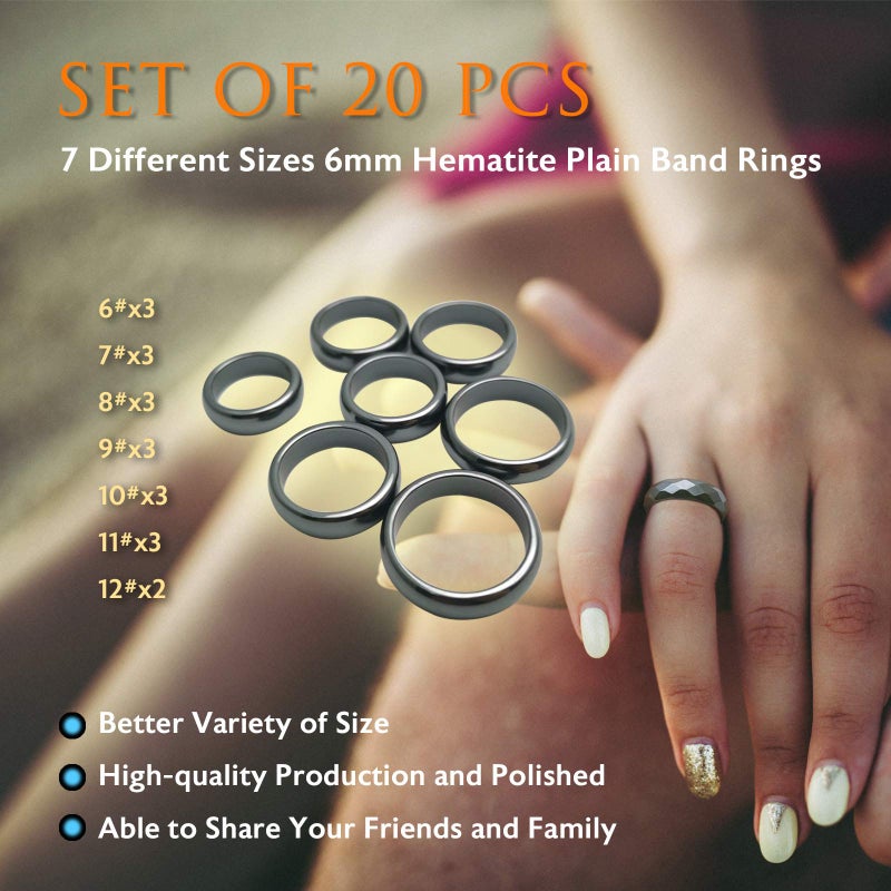 Morchic 20Pcs Hematite Stone Plain Band Rings for Women Men Unisex, 6mm Thick (Pack of Mixed Size) - Image 3