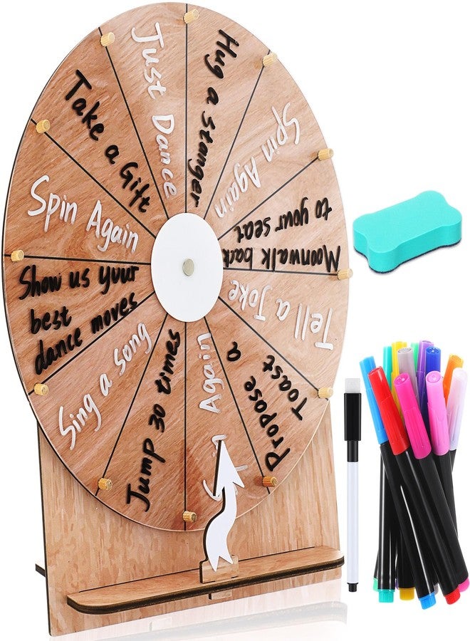 Memorywuu 11.4 Inch Spinning Wheel Erasable Raffle Spin The Wheel Game with Stand and Arrow Wooden Prize Tabletop Spinner Raffle Roulette for Wedding Family Bridal Party Baby Shower Games(Wood Color) - Image 1