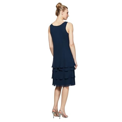 S.L. Fashions فستان س.ل. فاشنز النسائي العادي للأم العروس مع سترة متعددة الطبقات وزخرفة على الكتف، أزرق داكن، 16 - Image 4