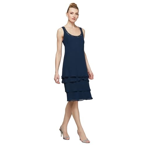 S.L. Fashions فستان س.ل. فاشنز النسائي العادي للأم العروس مع سترة متعددة الطبقات وزخرفة على الكتف، أزرق داكن، 16 - Image 2