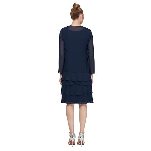 S.L. Fashions فستان س.ل. فاشنز النسائي العادي للأم العروس مع سترة متعددة الطبقات وزخرفة على الكتف، أزرق داكن، 16 - Image 3