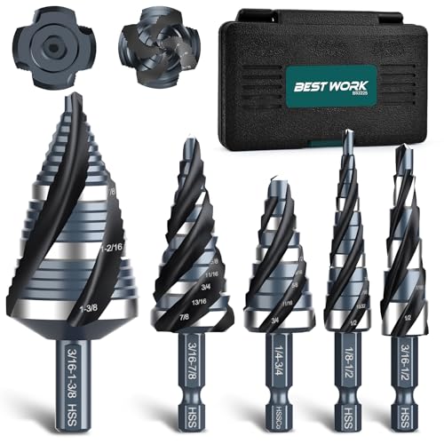 Bestwork Four Spiral Flute Step Drill Bit Set, 1/8"-1-3/8" 5PCS High-Speed Steel Unibit Step Bits with 1/4" and 3/8" Hex Shank for Stainless Steel Metal Aluminum Wood Plastic - Image 1