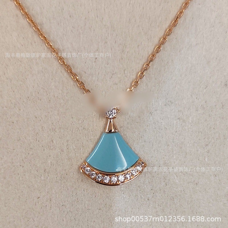 Baojia Small Fan Necklace - 18K Rose Gold, White Mother-of-Pearl & Red Chalcedony, Geometric Design, Lightweight Luxury