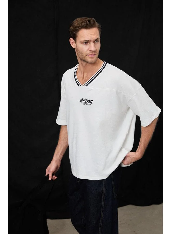GRIMELANGE CADIZ Men's 100% Organic Cotton Contrast V-Neck Embroidered Detail White T-Shirt.