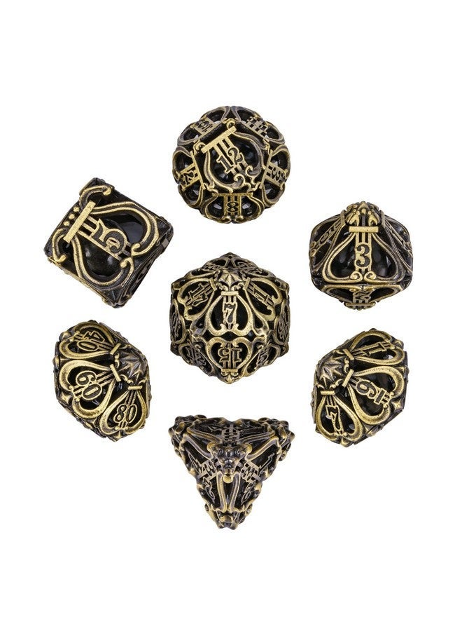Cusdie 7-Die Metal Dice Set - Hollow Design with Bells - Crisp Sounding Gaming Dice in Tin Box - Perfect for Tabletop RPGs & Board Games(Ancient Bronze) - Image 1