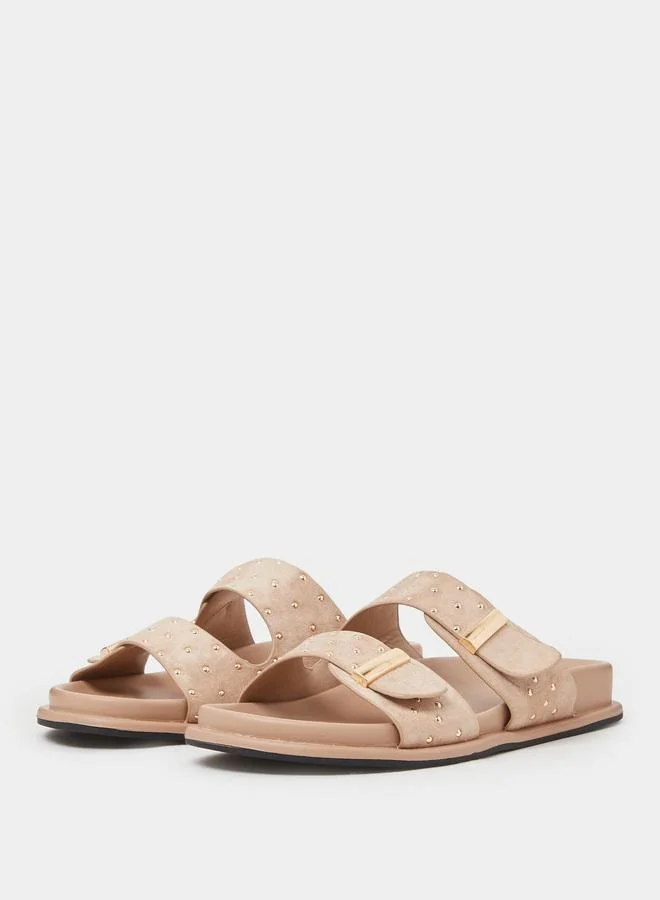 Styli Beige Studded Flat Comfort Sandals