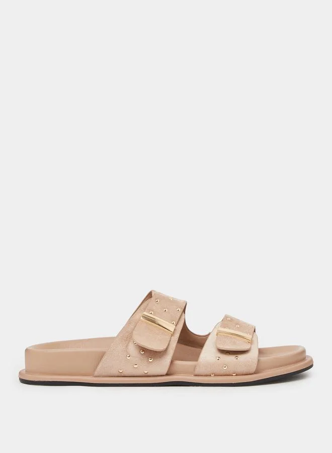 Styli Beige Studded Flat Comfort Sandals