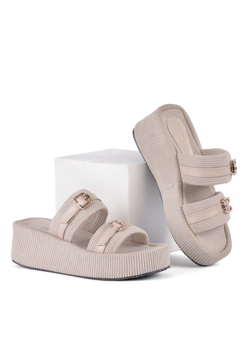 LIFESTYLISH - Slipper Heel Cloth Plush S-15 - Beige - Image 1