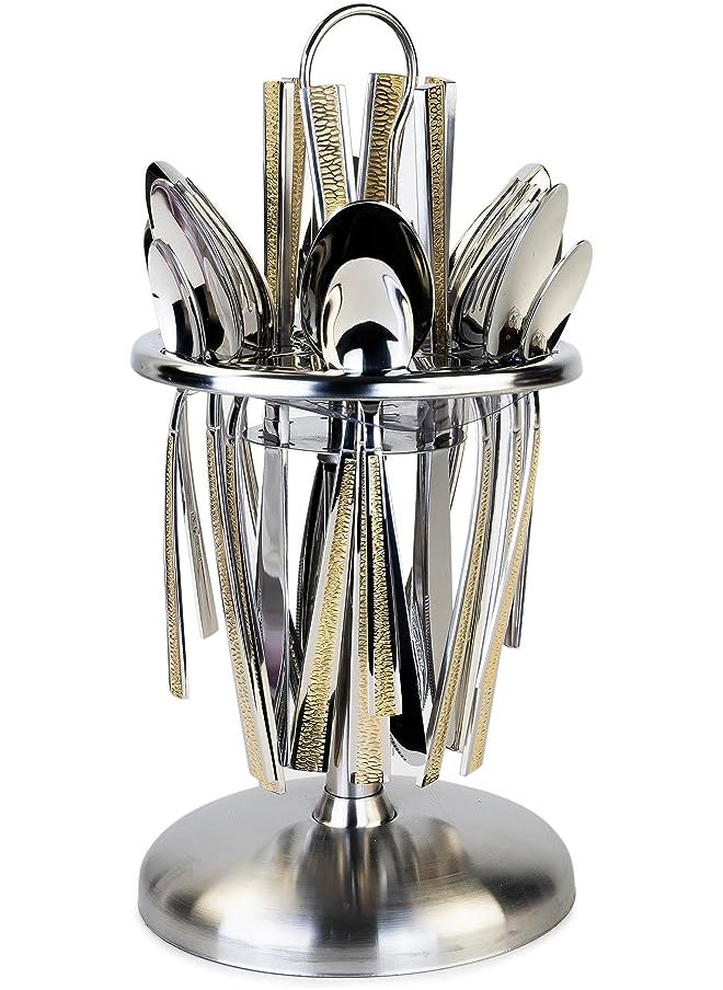 Cuisine Art 24 Piece Silverware Flatware Cutlery Set with Revolving Round Stand, Stainless Steel Includes 6 Knife, Fork, Spoon and Tea Spoon, Dinner Mirror Polished, Dishwasher Safe  - Image 1