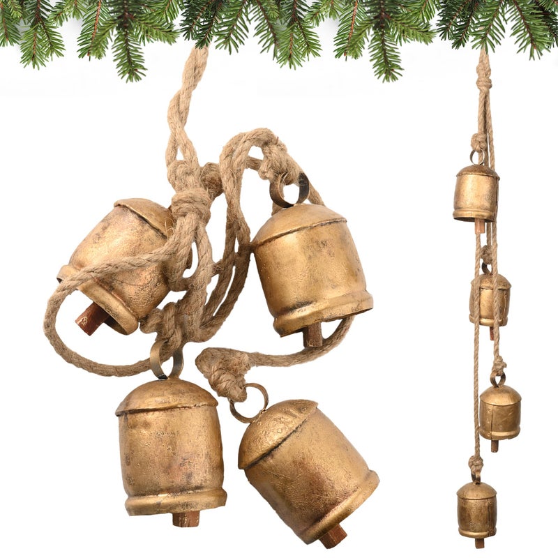 Christmas Bells  4 Vintage Cluster Cow Bells on Rope Hanging Decorative for Wall Bedroom Living Room Door Harmony Handmade Rustic Gold