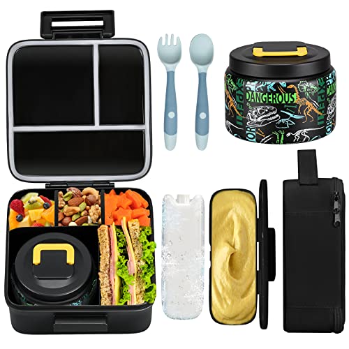 JXXM Bento Lunch Box for Kids With 8oz Soup thermo,Leak-proof Lunch Containers with 5 Compartment,thermo Food Jar and Lunch Bag, Food Containers for School (A-Black(Dinosaur Fossil)) - Image 1