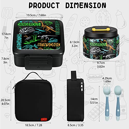 JXXM Bento Lunch Box for Kids With 8oz Soup thermo,Leak-proof Lunch Containers with 5 Compartment,thermo Food Jar and Lunch Bag, Food Containers for School (A-Black(Dinosaur Fossil)) - Image 5