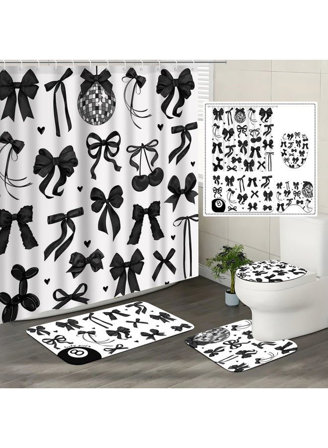 Lofaris Bow Shower Curtain Set 4 Pcs - Black and White Bathroom Sets with Shower Curtain and Rugs Coquette Bathroom Decor with Non-Slip Rugs & Toilet Lid Cover, Elegant Girly Bathroom Accessories - Image 1