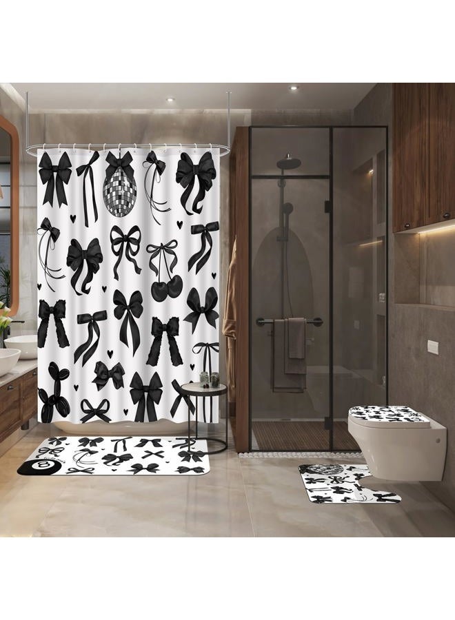 Lofaris Bow Shower Curtain Set 4 Pcs - Black and White Bathroom Sets with Shower Curtain and Rugs Coquette Bathroom Decor with Non-Slip Rugs & Toilet Lid Cover, Elegant Girly Bathroom Accessories - Image 2