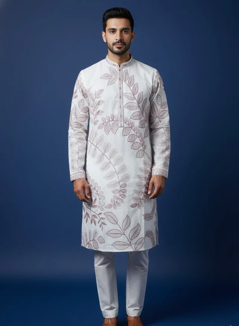 Lehar White Kurta with Pink Floral Embroidery