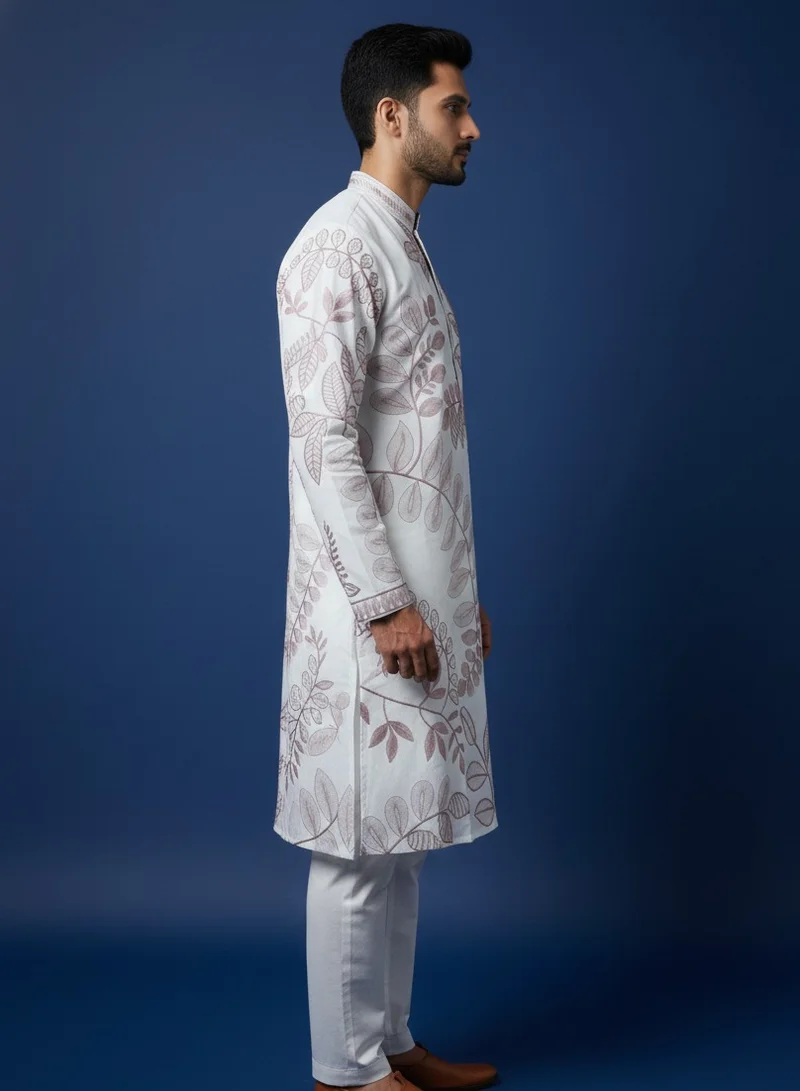 Lehar White Kurta with Pink Floral Embroidery