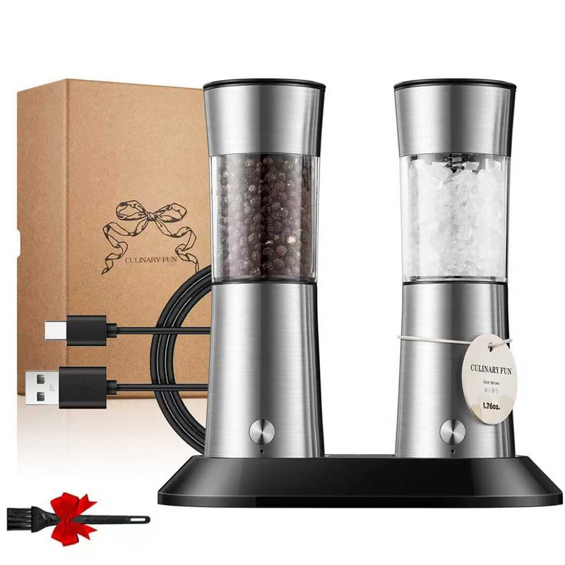 CULINARY FUN Gravity Electric Salt and Pepper Grinder Set, Automatic Mills with Rechargeable Charging Base, Built-in LED Light & Stainless Steel Body - Image 1